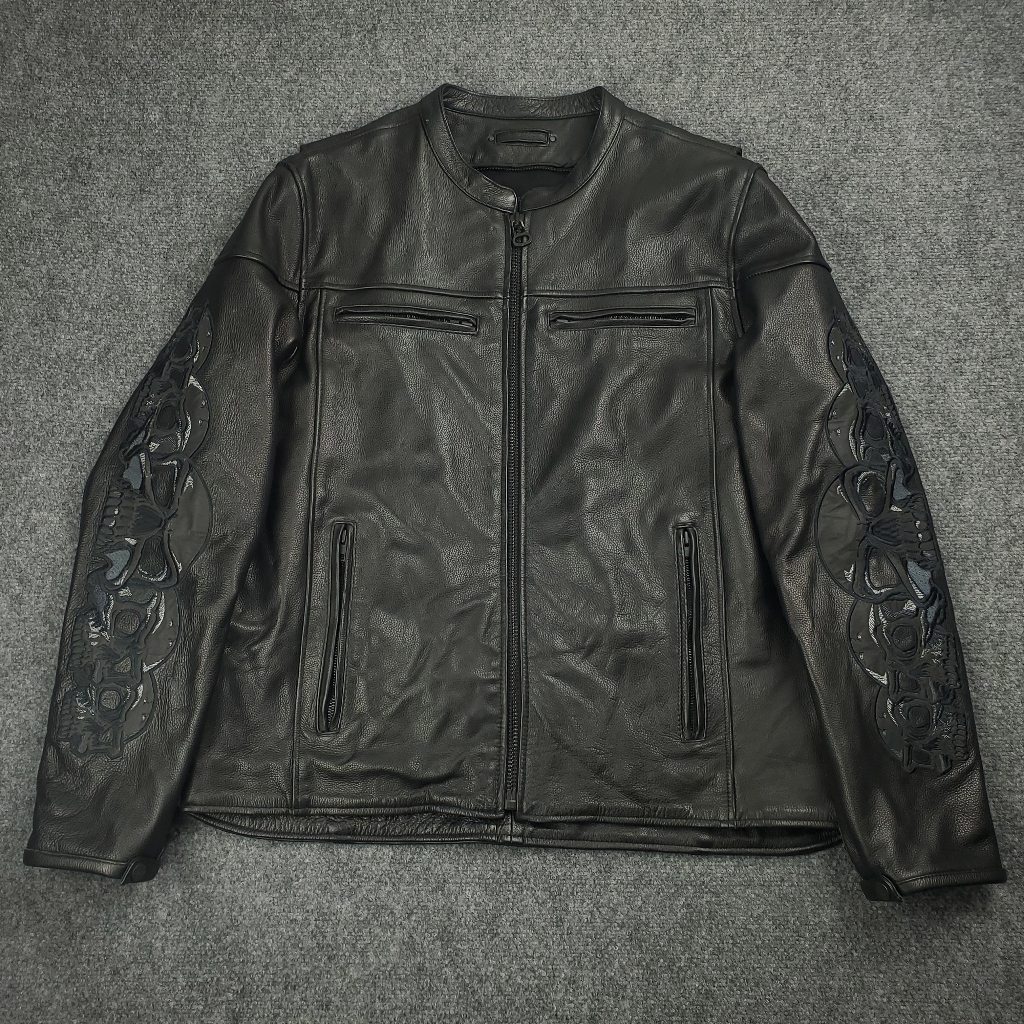 Vintage Wilsons Leather Jacket Mens Xl Reflective Skulls Cafe Racer Black Biker